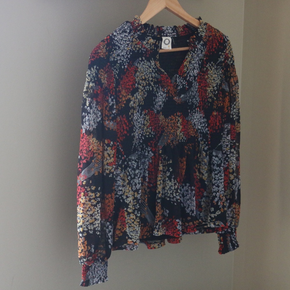 Anthropologie Black Floral Peplum Blouse with Red, Yellow & White Accents